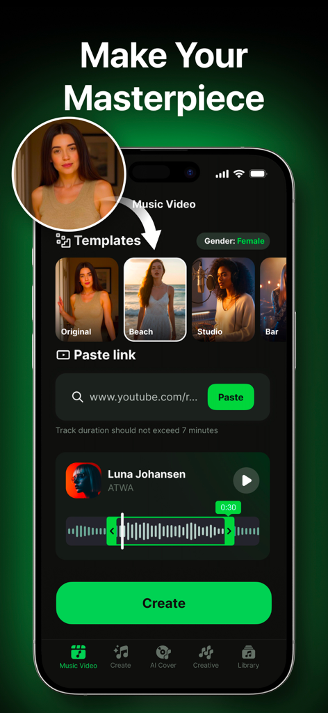 AI Musicアプリのモバイルインターフェイス。ミュージックビデオテンプレートとトラック作成画面が表示されています。