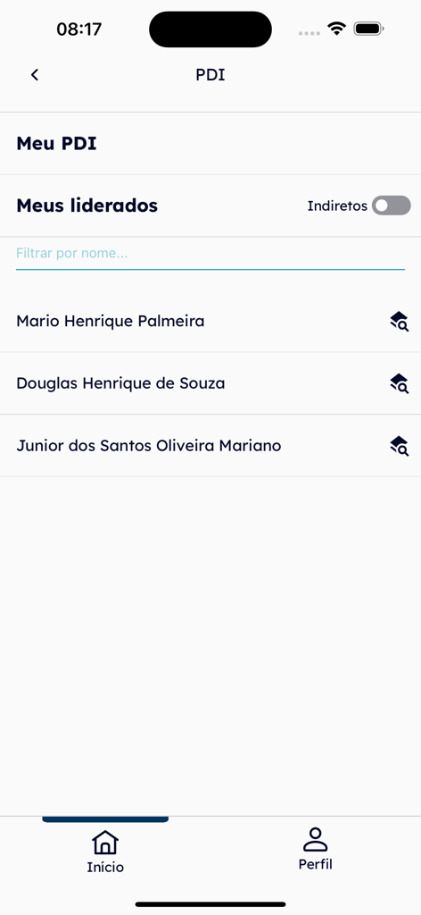 MySpace - Interface of the MySpace app showing the PDI section with a list of team members for leadership review and career development planning.