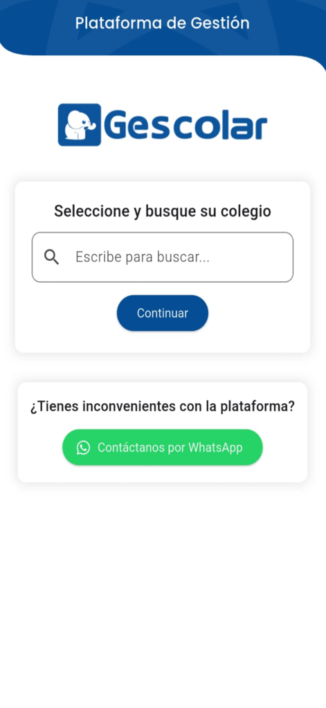Gescolar - Gescolar school selection screen with search bar and WhatsApp contact button