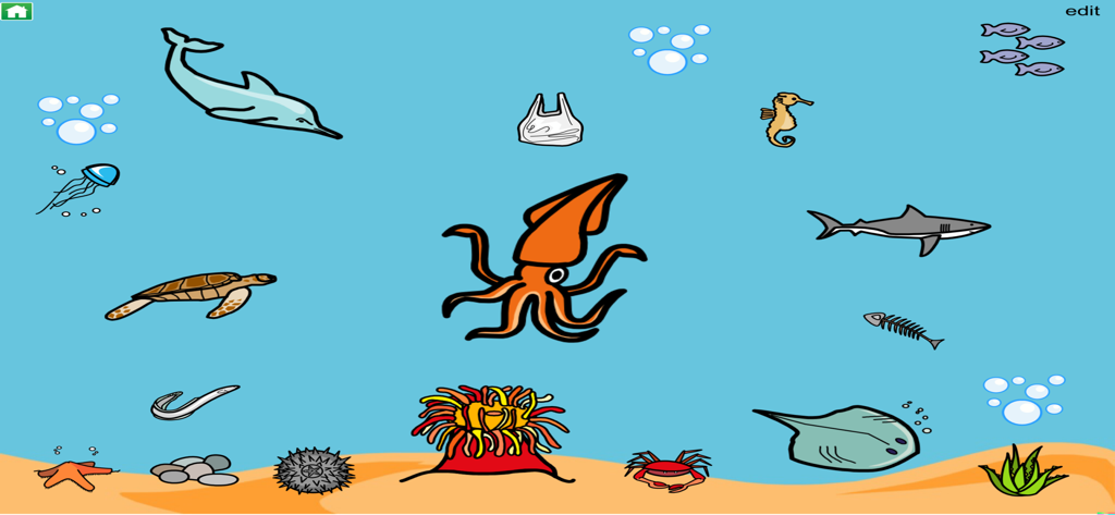 An underwater communication board in the Widgit Go SE app featuring various sea animal symbols like a squid and dolphin.