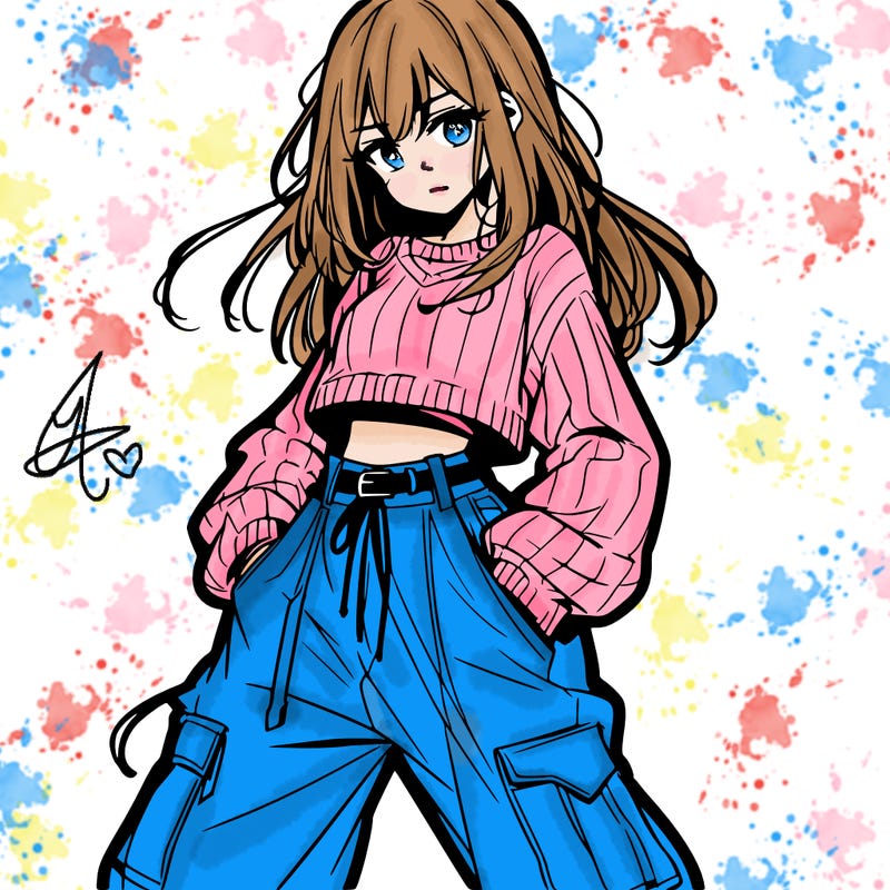anime teen girl with baggy pants and crop top with sweater