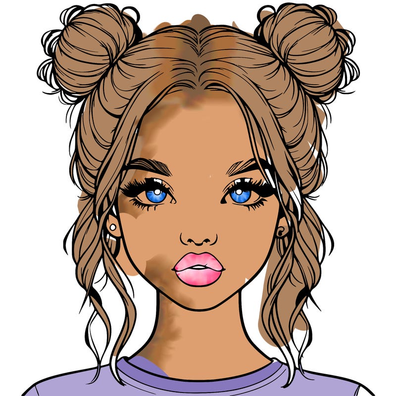 realistic girl with two buns in hair and lips