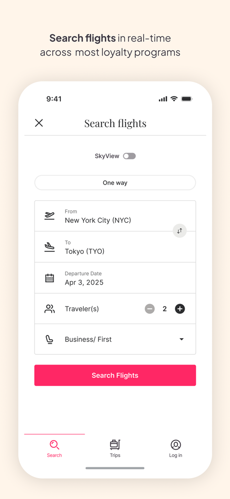 Roame - Award Travel - Roameアプリ検索画面、ニューヨークから東京へのビジネスクラスフライトを検索。
