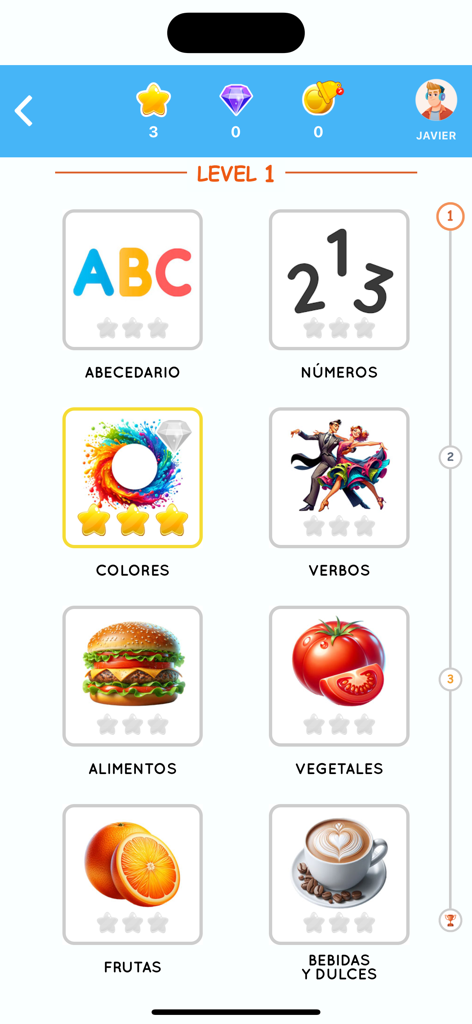 Learn Spanish for Beginner - Level 1 menu screen of the Learn Spanish for Beginner app featuring vocabulary topics with colorful icons.