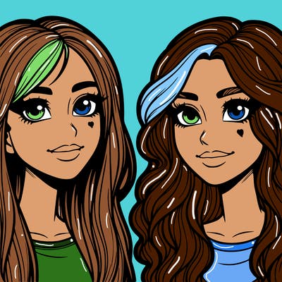 realistic two freinds girls both with blonde hair and brown eyes both hve noses one with straight hair and on with wavy hair realistic