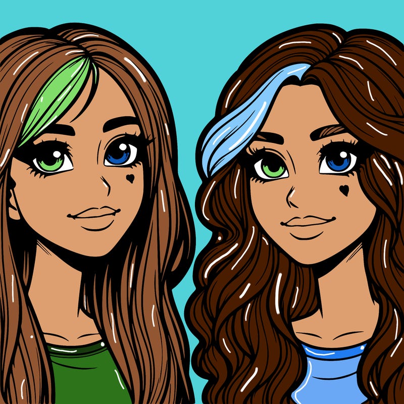 realistic two freinds girls both with blonde hair and brown eyes both hve noses one with straight hair and on with wavy hair realistic