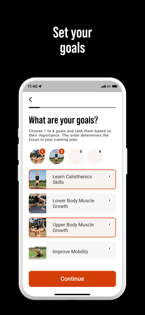 DIE RINGE Calisthenics Workout - Interface de l'application DIE RINGE montrant les options de sélection d'objectifs comme les figures de calisthenics et la croissance musculaire.