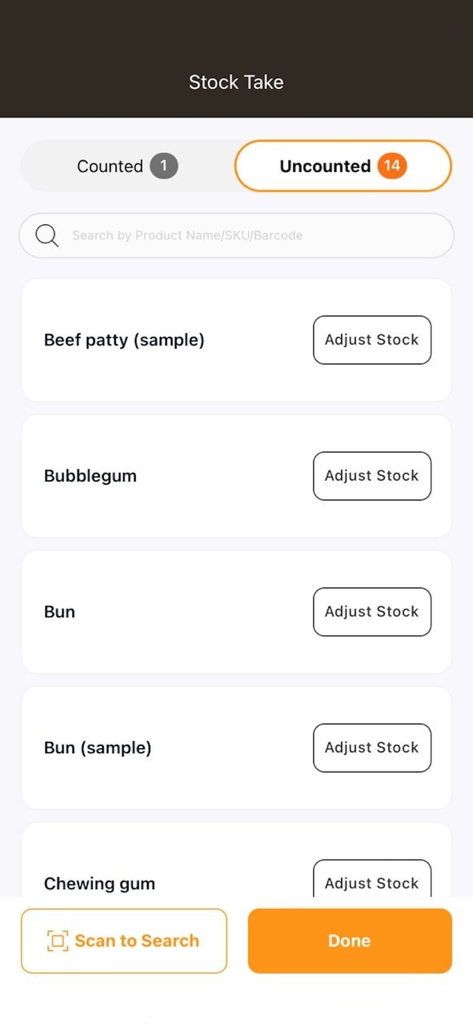StoreHub Manager - A mobile screen from the StoreHub Manager app showing the stock take feature with a list of uncounted inventory items and buttons to adjust stock