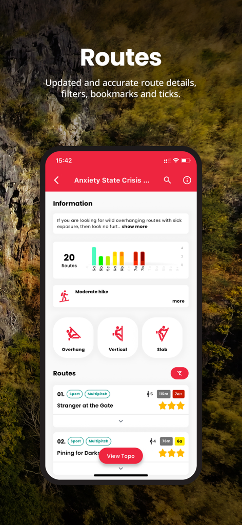 CragFinder by Progression - Interfaz de la aplicación CragFinder mostrando información detallada de la ruta de escalada y grados de dificultad