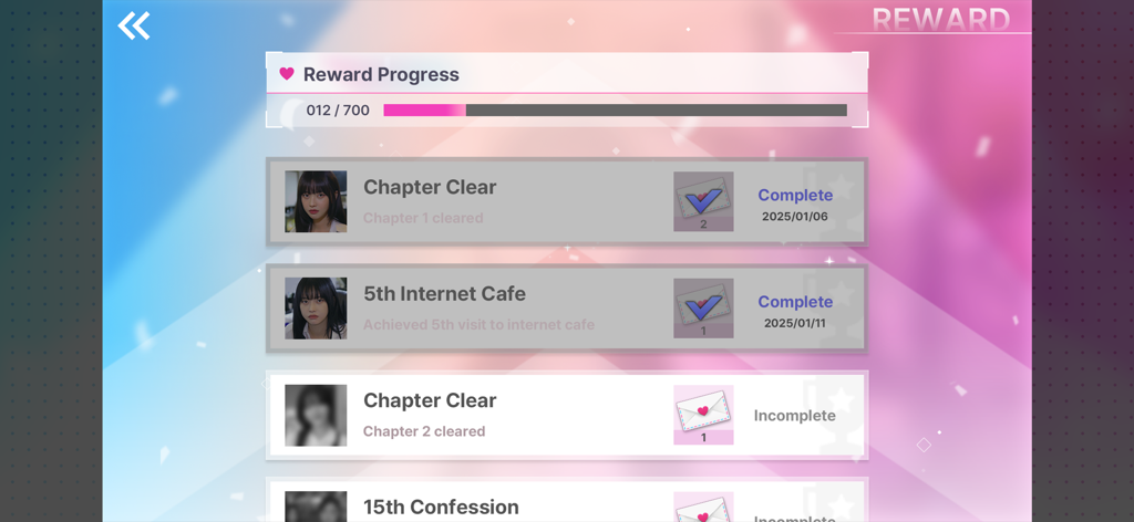 五つの愛、一つの屋根の下のゲームで、完了した実績と未完了の実績を示す報酬進捗画面