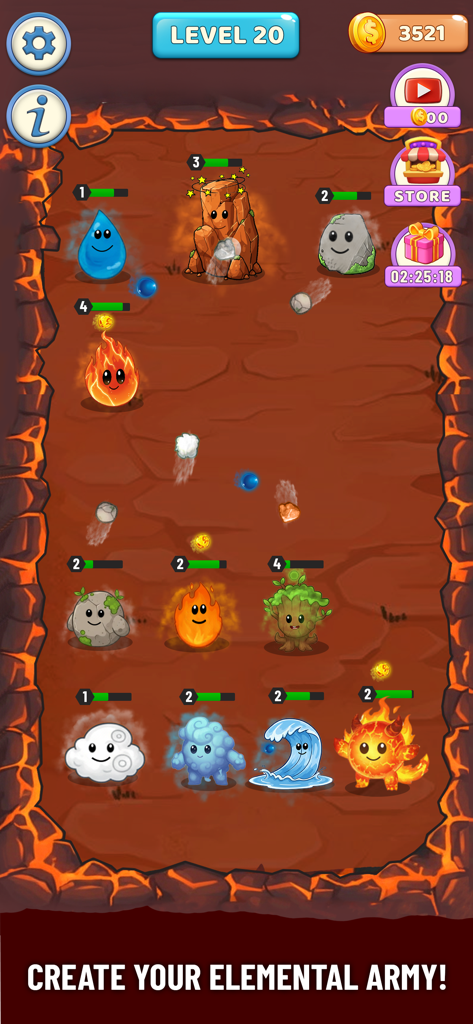 Element War : Merge Games - Gameplay screenshot of Element War Merge Games showing an elemental army of characters in a battle arena