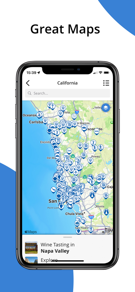 Tripbucket Mobile App - Uno smartphone che mostra l'app TripBucket con una mappa dettagliata della California coperta da icone di attività