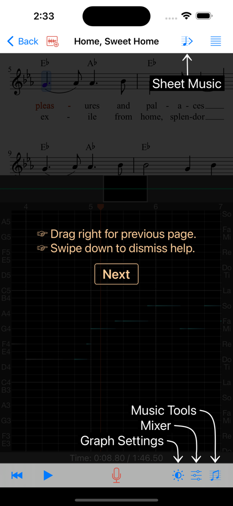 Singscope app interface showing sheet music for Home Sweet Home and a real-time vocal pitch graph