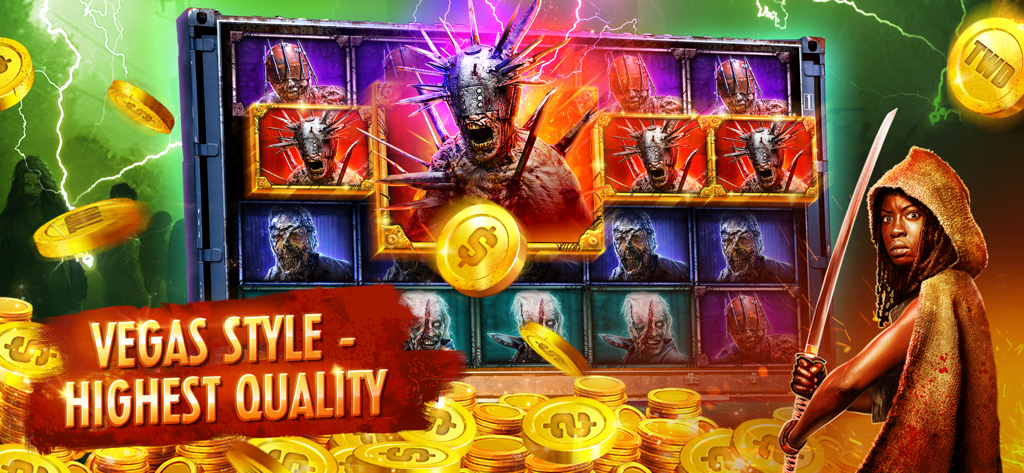 Michonne con una katana accanto a rulli di slot a tema zombie in The Walking Dead Casino Slots