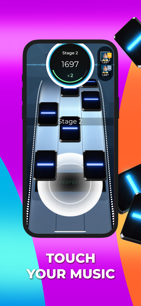 Une capture d'écran mobile de SuperStar Music Game montrant des tuiles rythmiques descendant une piste avec un multiplicateur de score et une note Perfect.