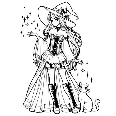 tall realistic woman with long hair, witch hat, a corset with sleeves, a skirt, boots, magic sparkles in her hands, and a cat next to her