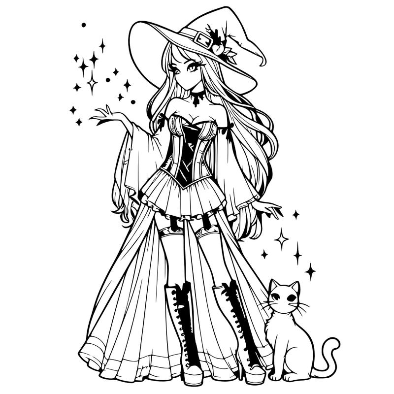 tall realistic woman with long hair, witch hat, a corset with sleeves, a skirt, boots, magic sparkles in her hands, and a cat next to her