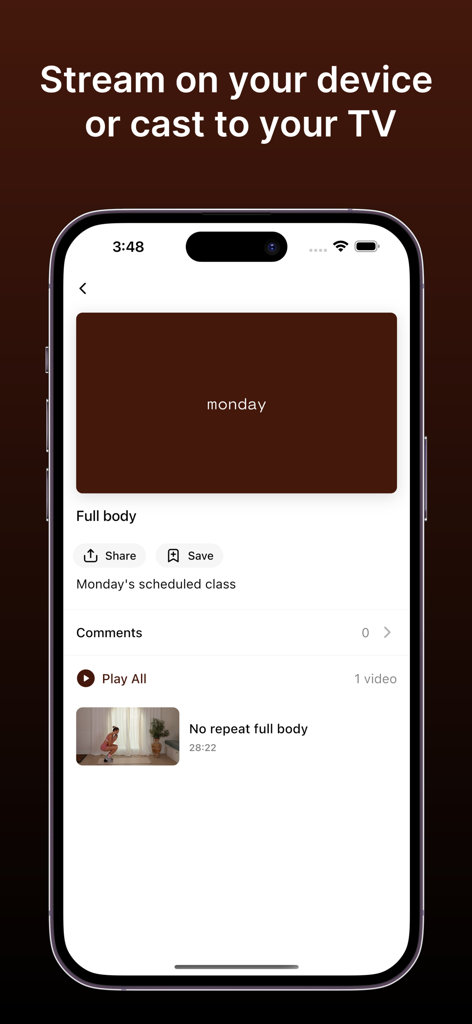 haven affair - Interface of the Haven Affair app showing a scheduled full body workout and TV streaming capability