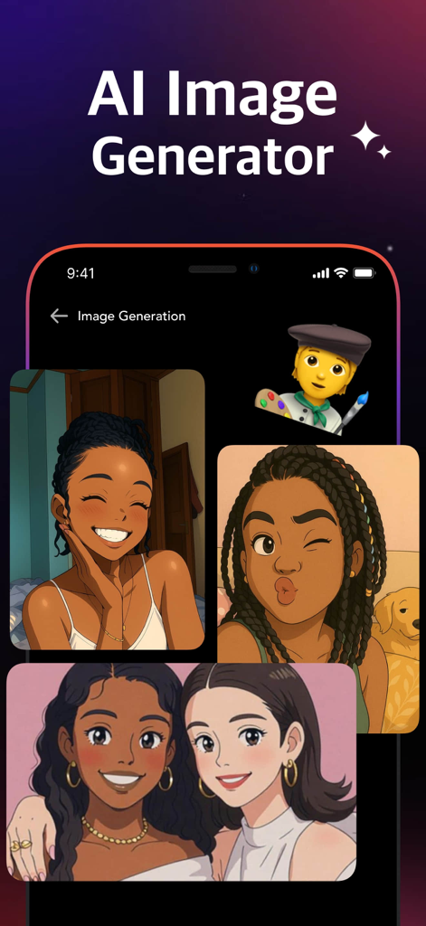 Gamm.AI - AI Chatbot Assistant - Interfaz de la aplicación Gamm.AI que muestra varios retratos estilo anime de mujeres jóvenes creados por la función generadora de imágenes de IA