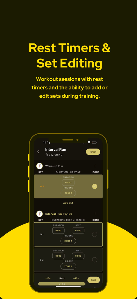 AFT Army Fitness Test Prep - AFT Army Fitness Test 앱 화면에 휴식 타이머 및 세트 편집 기능이 있는 인터벌 달리기 운동이 표시됨