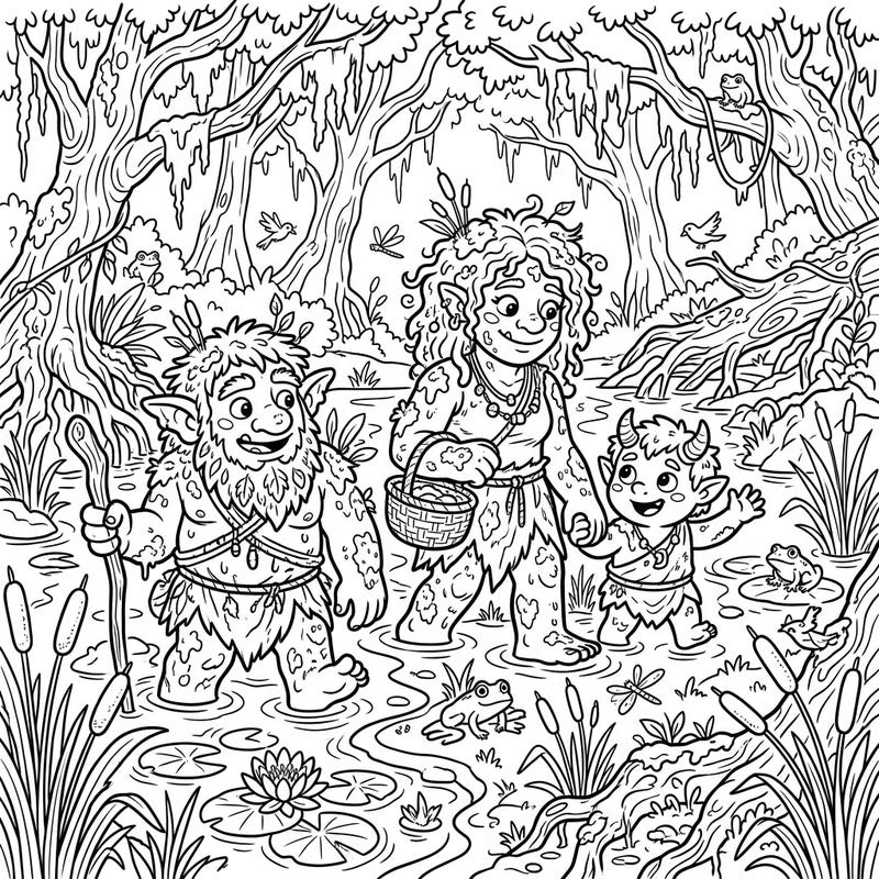 Step into a charming swamp adventure with this delightful coloring page featuring a family of friendly trolls. Designed with large, clear outlines, it offers a relaxing and engaging coloring experience perfect for seniors.