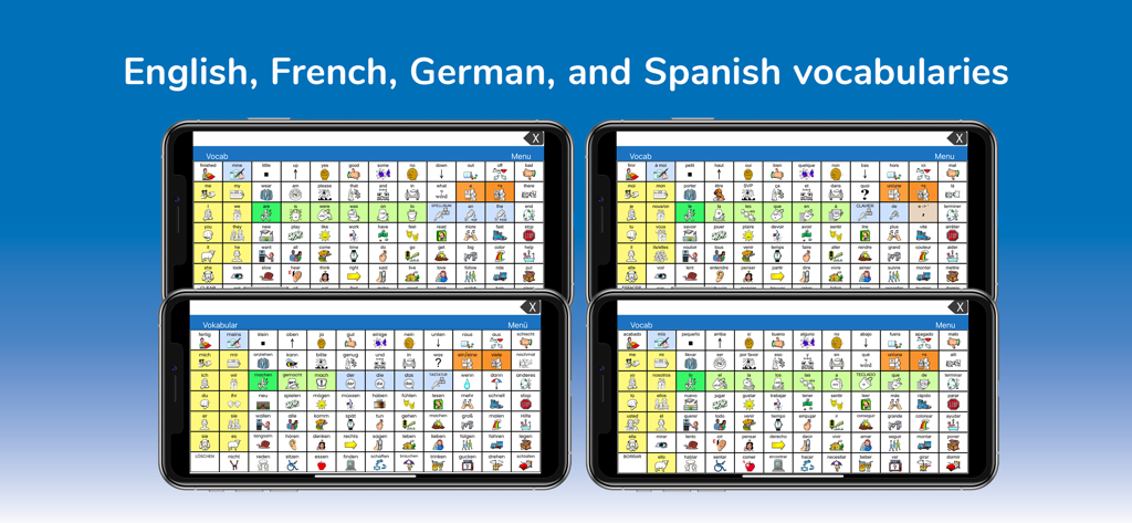 LAMP Words For Life Discover - LAMP Words For Life Discover app showing communication boards in English French German and Spanish