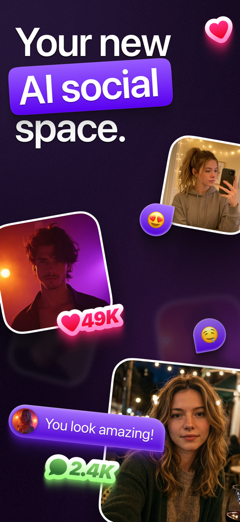 Fomo AI Social Network welcome screen showing profiles with likes and positive comments