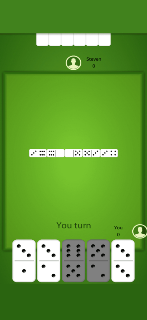 Tela de jogo do Dominó Clássico mostrando peças em formação de cobra e a mão do jogador