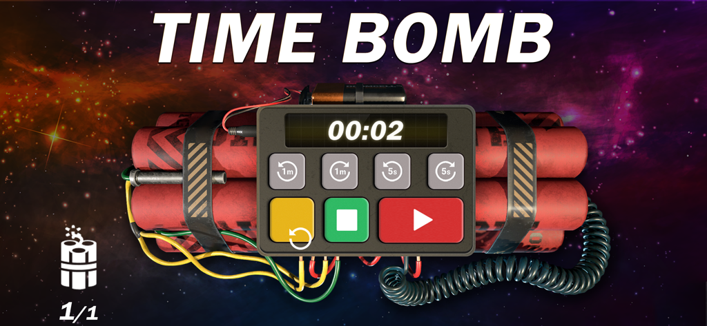 Gun Simulator - Gun Sounds - A 3D simulation of a time bomb with red dynamite sticks and a digital timer set against a space background.