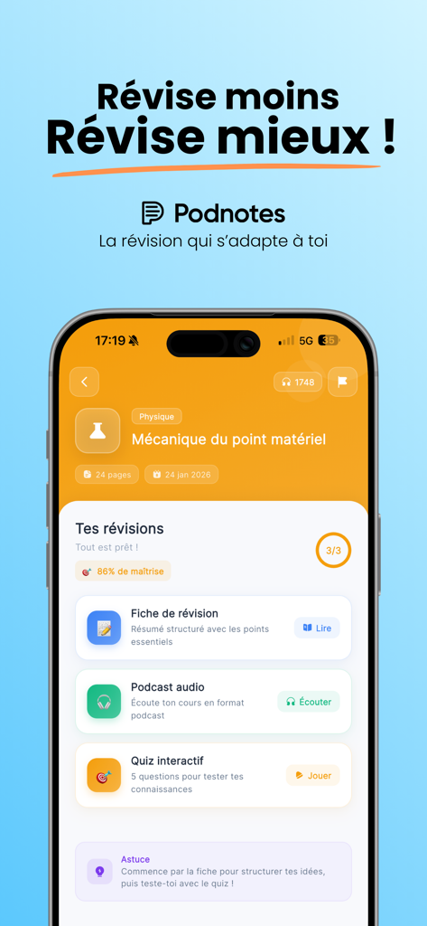 Podnotes - Écran de l'application mobile Podnotes montrant les fonctionnalités d'étude, y compris les fiches de révision générées par l'IA, les podcasts audio et les quiz interactifs.