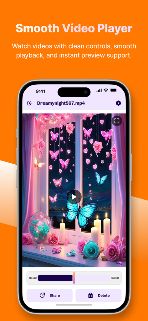Flexclip - Video Editor - Interfaz de la aplicación Flexclip mostrando la función de reproductor de vídeo fluido con controles de reproducción limpios en un iPhone