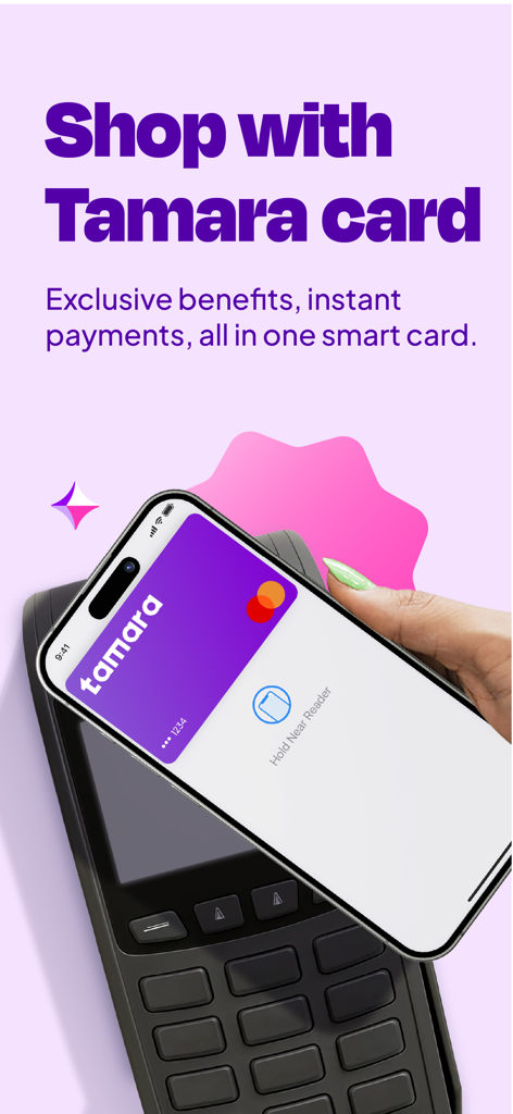 A hand holding a smartphone displaying a Tamara digital card making a contactless payment at a store terminal