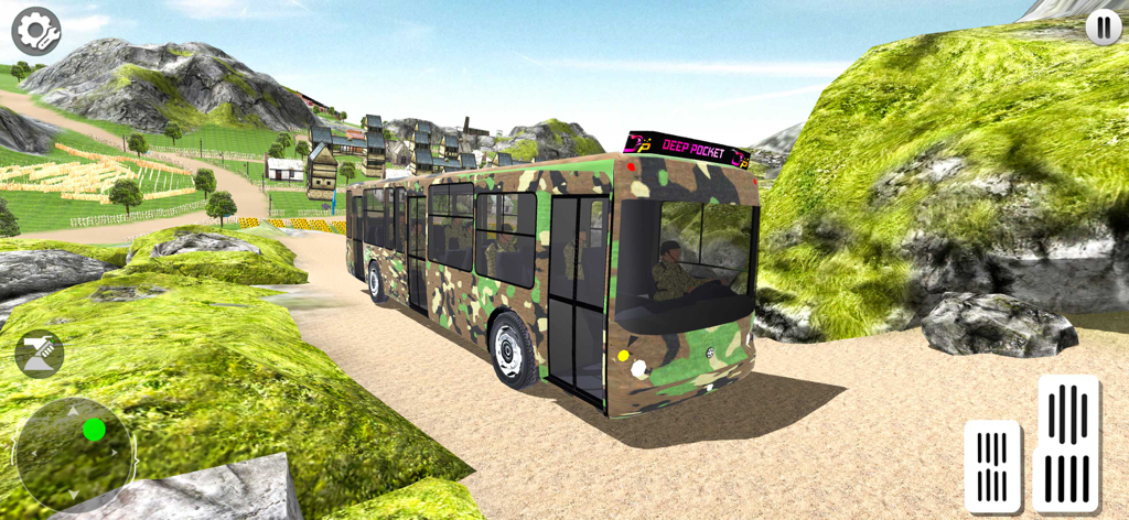 A camouflage army bus driving on a dirt road through green hills in a military simulation game