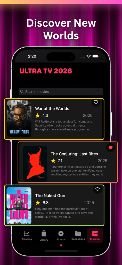 Interfaccia dell'app Ultra TV 2026 che mostra un elenco curato di film con valutazioni e descrizioni nella scheda "Scopri"