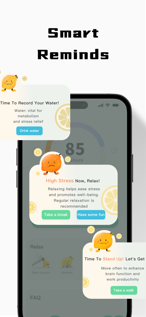 LemonHRV: Stress HRV for Watch - LemonHRVアプリのインターフェース、水分補給、ストレス軽減、立ち上がりのためのスマートリマインダーを表示