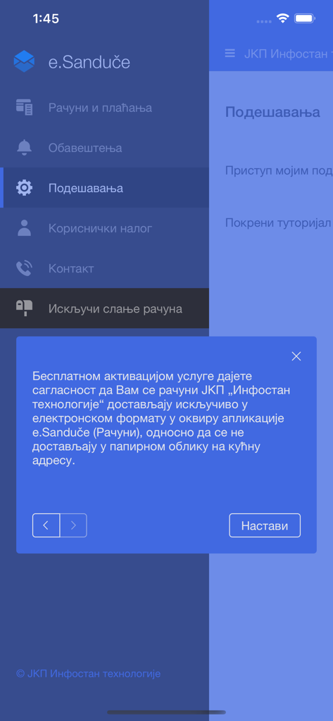 eSanduče - Screenshot of the eSanduce mobile app side menu showing options for bills, notifications, and settings with an electronic billing consent popup.