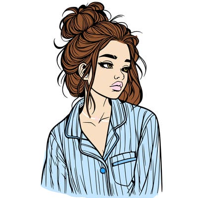 realistic woman with pajamas on and a messy bun