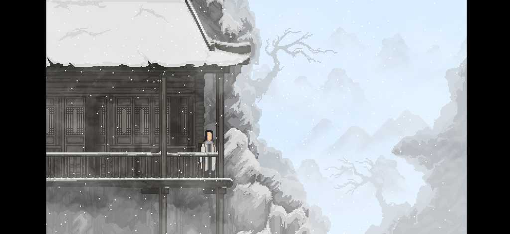 The Rewinder - Pixel art de un personaje en el balcón de un edificio tradicional chino con vistas a montañas nevadas en The Rewinder