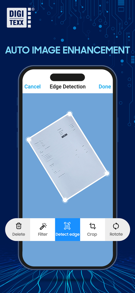 Digi Scan App - Digi Scan App mobile interface showing automatic document edge detection and image enhancement features.