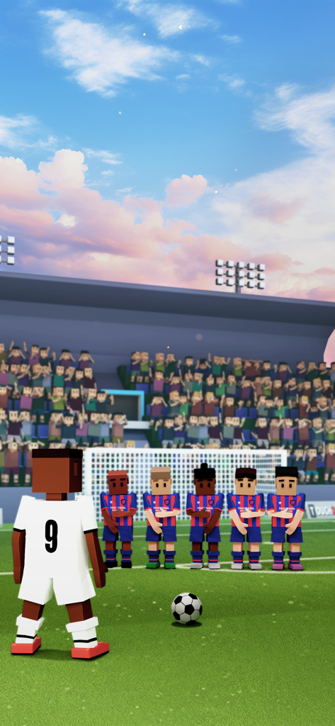 Mini Soccer Star 2025 - Un futbolista estilizado con camiseta blanca ejecuta un tiro libre contra una barrera defensiva en un estadio.