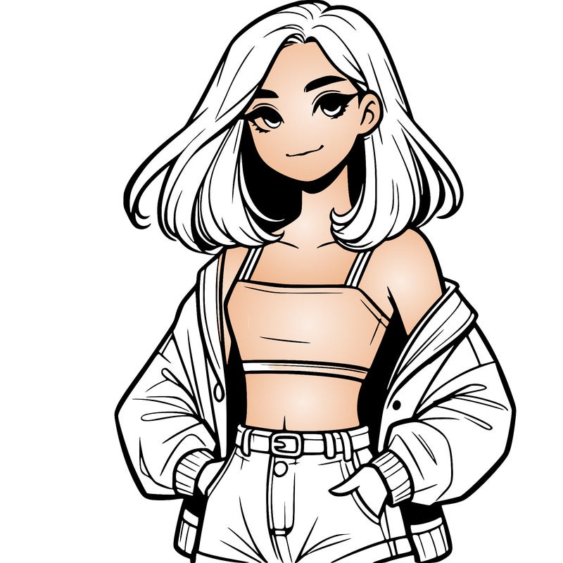 a realistic girl with a crop top and short shorts in an open jacket