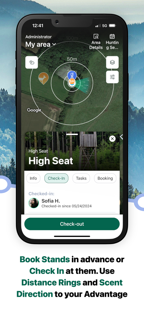 MyHunt app interface showing how to book hunting stands and use scent direction on a topographic map