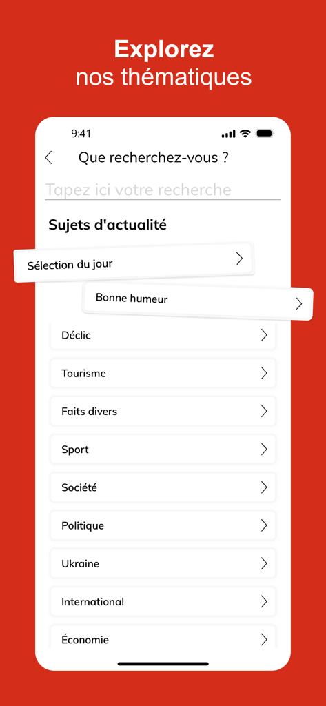Écran de recherche de l'application Sud Ouest montrant divers thèmes d'actualité comme le tourisme, le sport et la politique