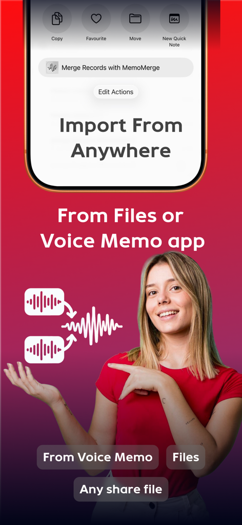 Merge Voice Memos : MemoMerger - A woman pointing at a graphic demonstrating how to merge voice memos via the iOS share sheet.