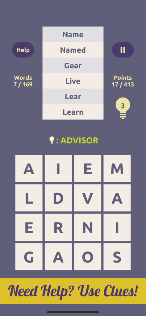 Spell Mania의 게임 플레이 화면, 글자 그리드와 힌트가 있는 찾은 단어 목록 표시