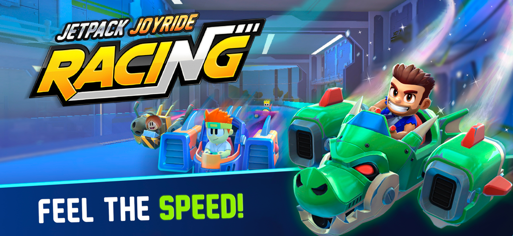 Jetpack Joyride Racing - Personajes de Jetpack Joyride Racing en karts con el texto Siente la Velocidad
