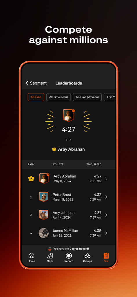 Strava mobile app interface showing a segment leaderboard with athlete rankings and race times
