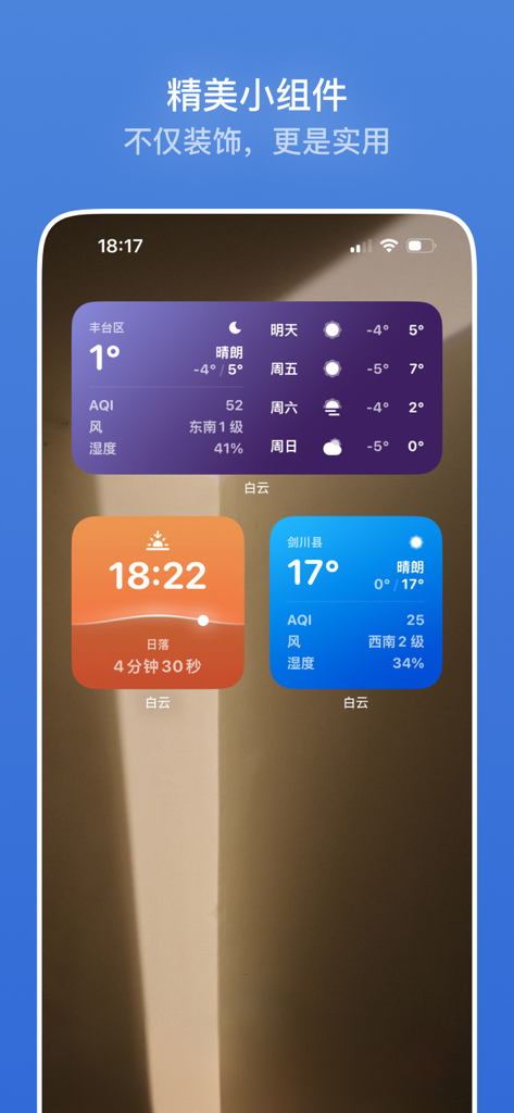 A collection of aesthetic iOS weather widgets showing temperature, humidity, air quality, and sunset time with clean gradients.