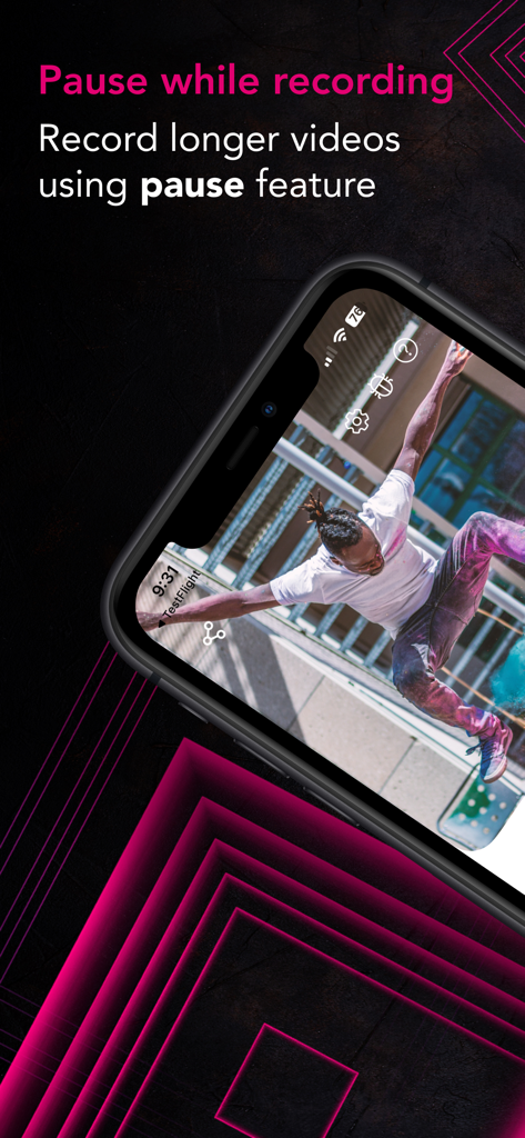 iPhone-Bildschirm zeigt die Nonstop Cam App, die einen Skateboarder mit hervorgehobener Pausen-Funktion aufnimmt