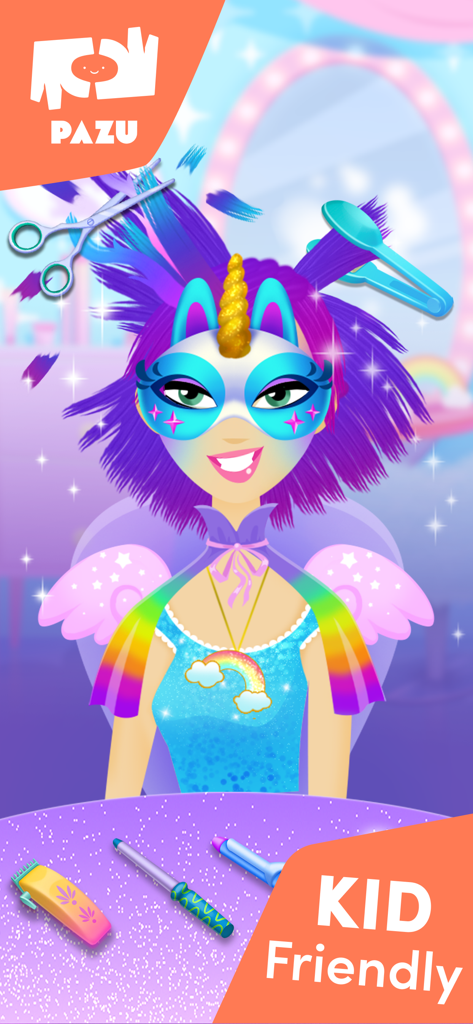 Unicorn themed hair salon game interface with styling tools and character